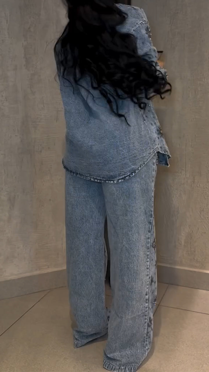 Women Lapel Printed Casual Denim Suit
