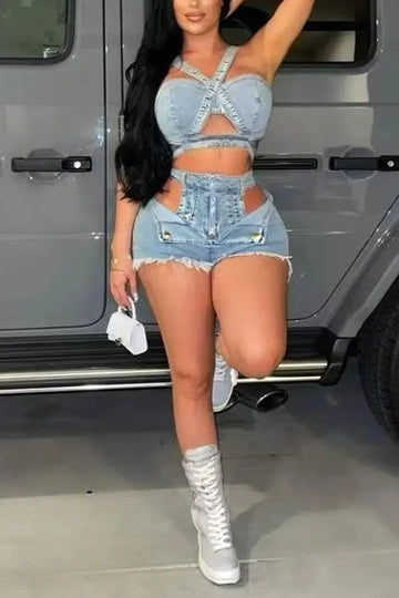 Ladies' Fashionable Denim Sleeve Short Top And Shorts