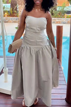 Women Suspender Waist Cinching Solid Color Casual Dress