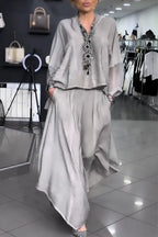 Women V-neck Top+ Wide Leg Pants Loose Casual Suit