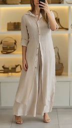 Women's Collar and Buckle Long Top+ Pants Loose Casual Suit