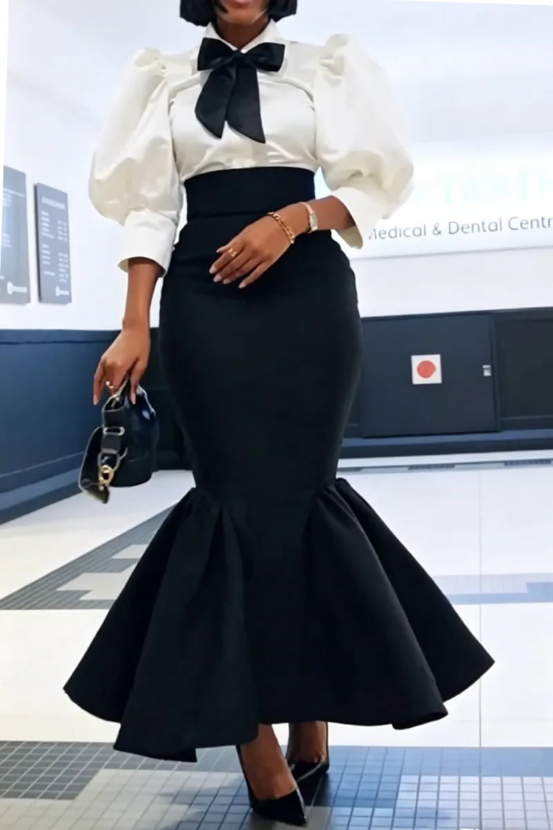 Women's Elegant Puff Sleeve Shirts & High Waist Fishtail Skirt