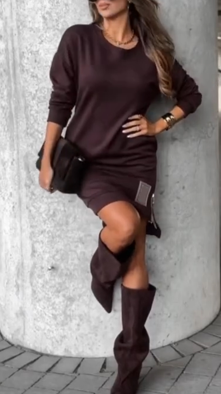 Womens Round Neck Side Zipper Casual Dress