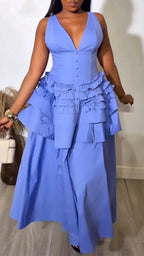 Women V-neck Waist Cinching Solid Color Elegant Temperament Dress