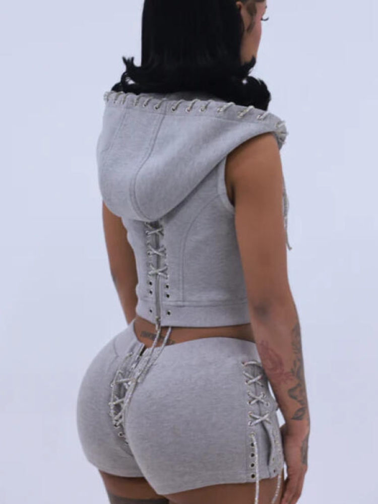 Womens Hooded Cross Drawstring Top+ Pants Casual Suit