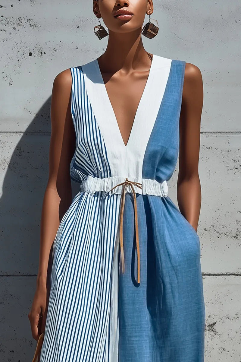 Women's Casual Color Block Stripe Solid Sleeveless Deep V Drawstring Waist Linen Maxi Dress