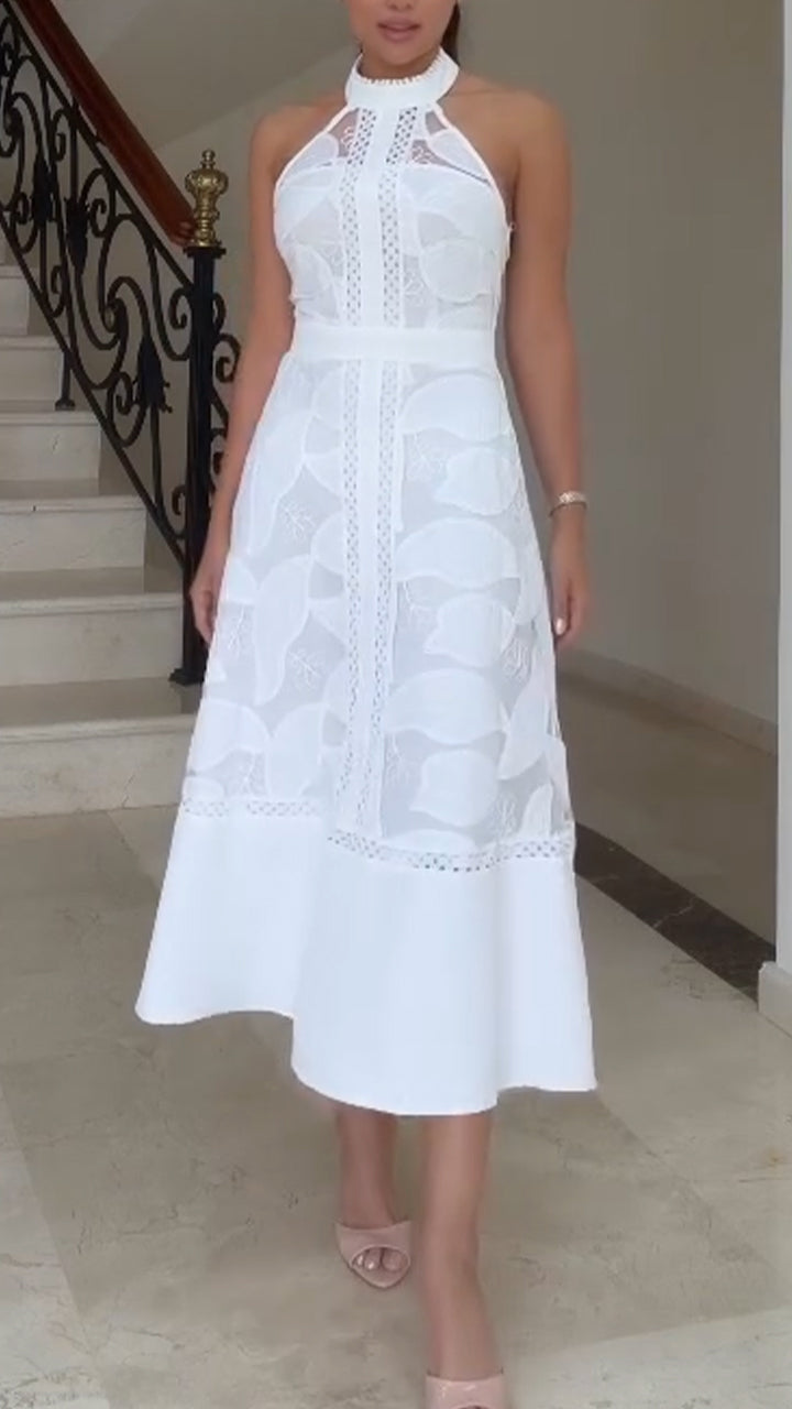 Women Neck Hanging Sleeveless Lace Patchwork Elegant Temperament Dress