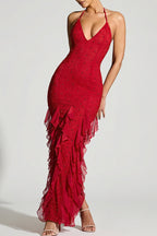 Women's Sleeveless Beaded Backless Slit Bodycon Long Party Dress