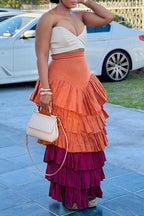 Women's Elegant Bustier + Tiered Color Block Flounce Skirt Set