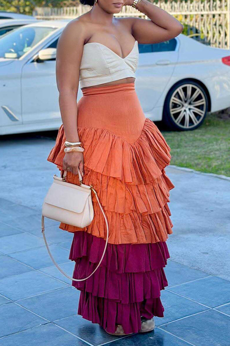 Women's Elegant Bustier + Tiered Color Block Flounce Skirt Set