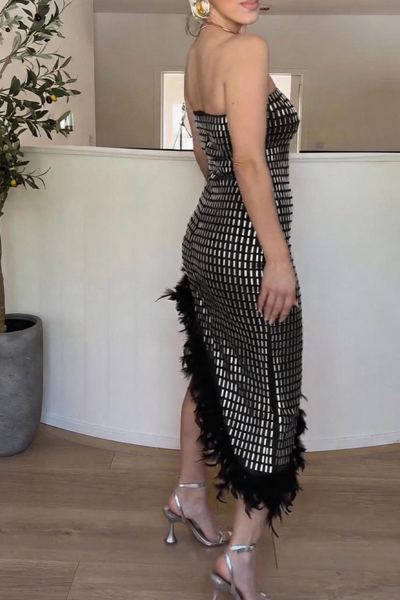 Women's Party Sparkling Rhinestone Asymmetric Feather Hem Dress