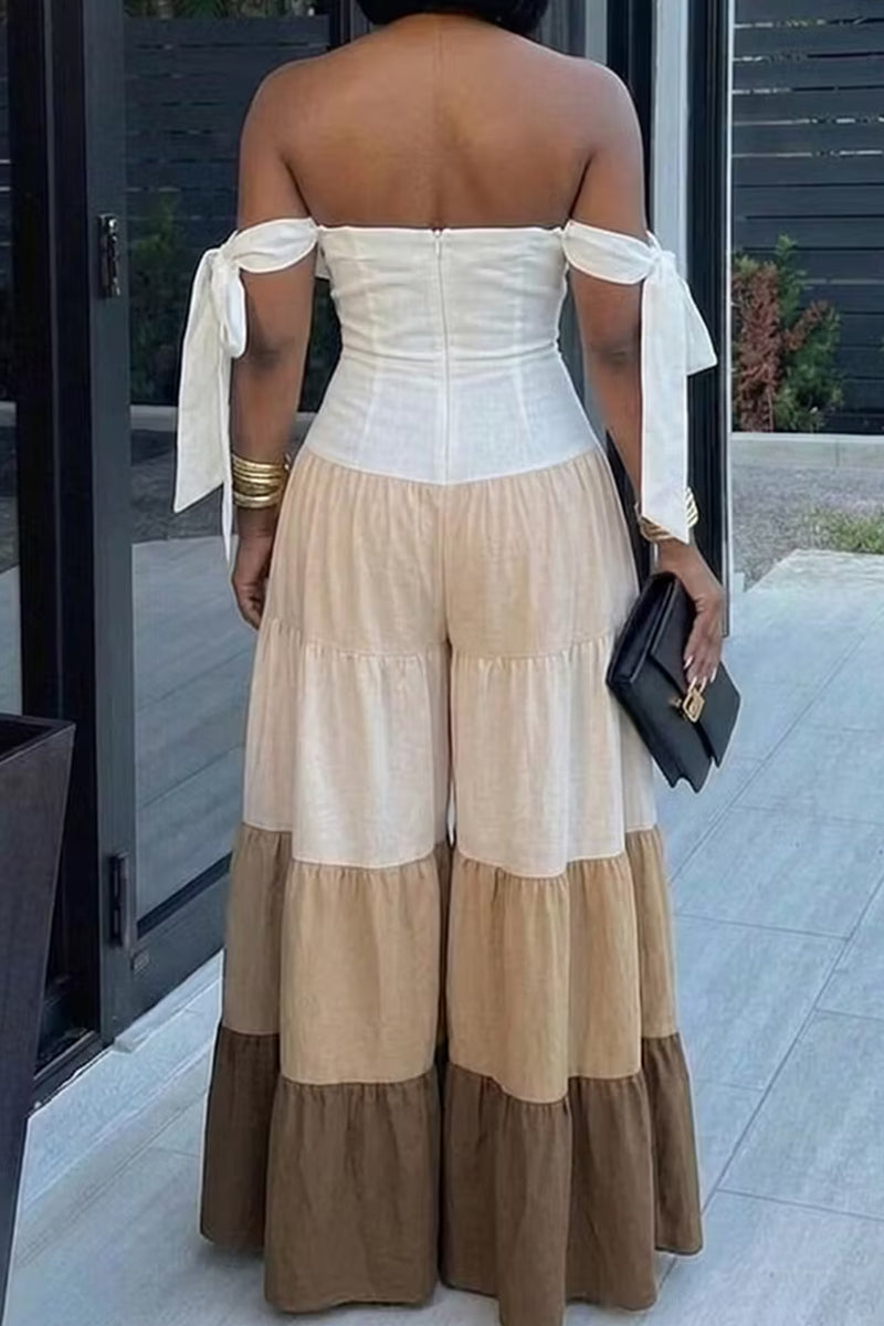 Women's Lace Up Paneled Off Shoulder Wide Leg Workwear Jumpsuit