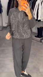 Womens Round Neck Hooded Drawstring Rhinestone Hoodie + Pants Casual Set