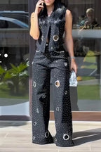 Women Casual Rhinestone Cutout Denim Vest or Wide-leg Jeans