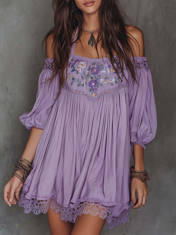Vintage Softness Embroidered Off-Shoulder Mini Dress