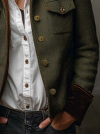 Vintage Herringbone Tweed Blazer With Velvet Trim