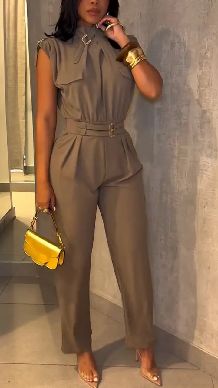 Womens round neck waist-hugging temperament casual jumpsuits
