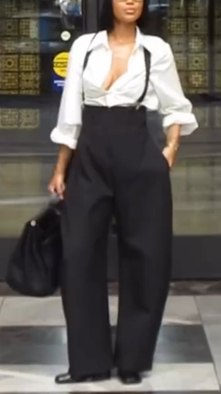 Women Laple Collar Shirt+ Overalls Casual Set