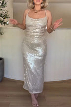 Women's Elegant Sparkling Sequin Cowl Neck Cami Dress