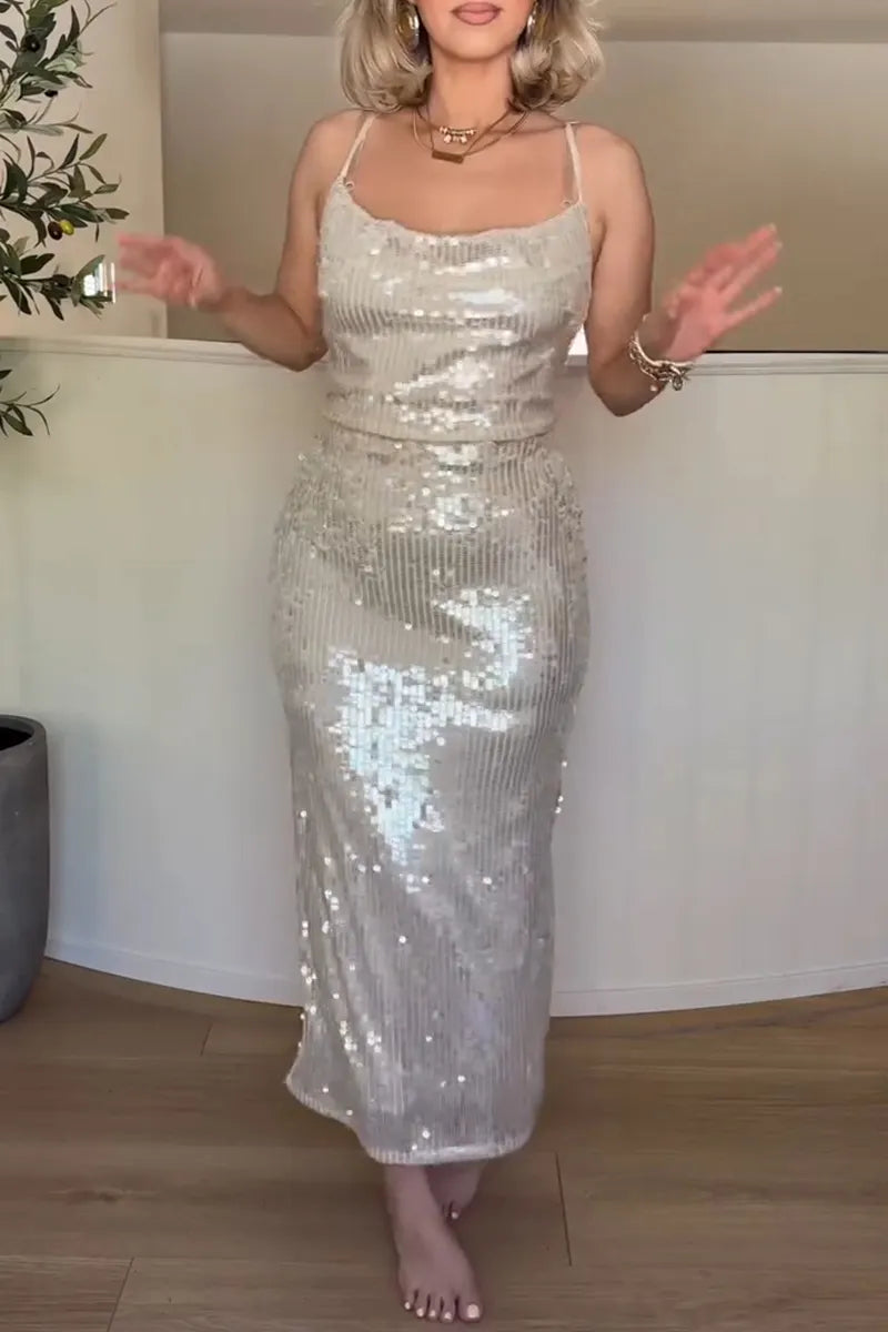 Women's Elegant Sparkling Sequin Cowl Neck Cami Dress