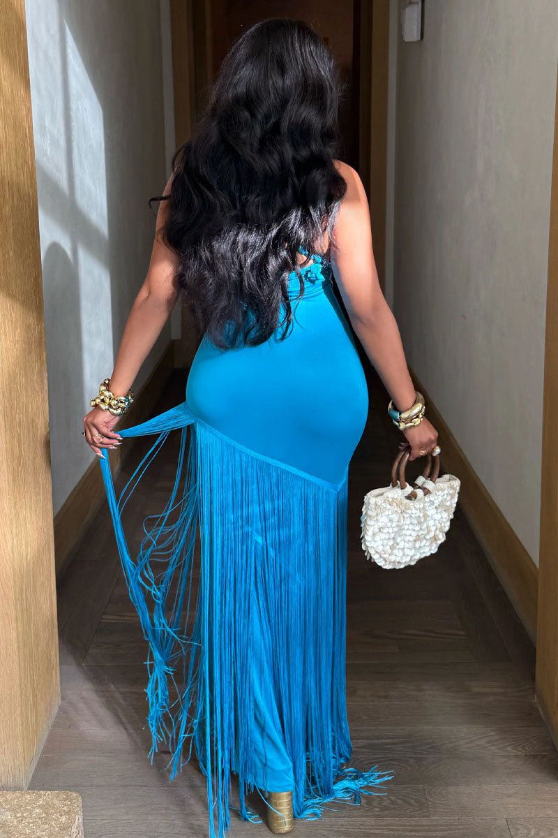 Women's Braided Detail Halter Cutout Fringe Hem Bodycon Maxi Dress