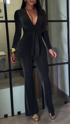 Womens V-neck Solid Color Temperament Casual Jumpsuit