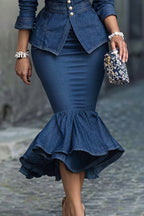 Women's Elegant Bow Denim Shirts & Fishtail Skirt