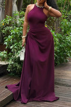 Women Round Neck Sleeveless Waist Cinched Elegant Temperament Dinner Style Dress