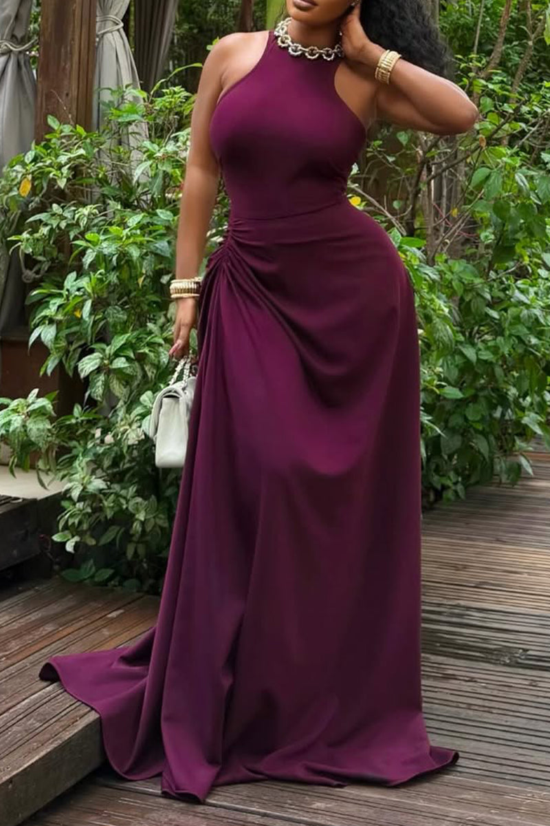 Women Round Neck Sleeveless Waist Cinched Elegant Temperament Dinner Style Dress