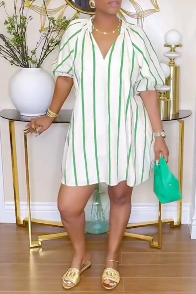 Women's Casual Puff Sleeve Stripe Loose Dress