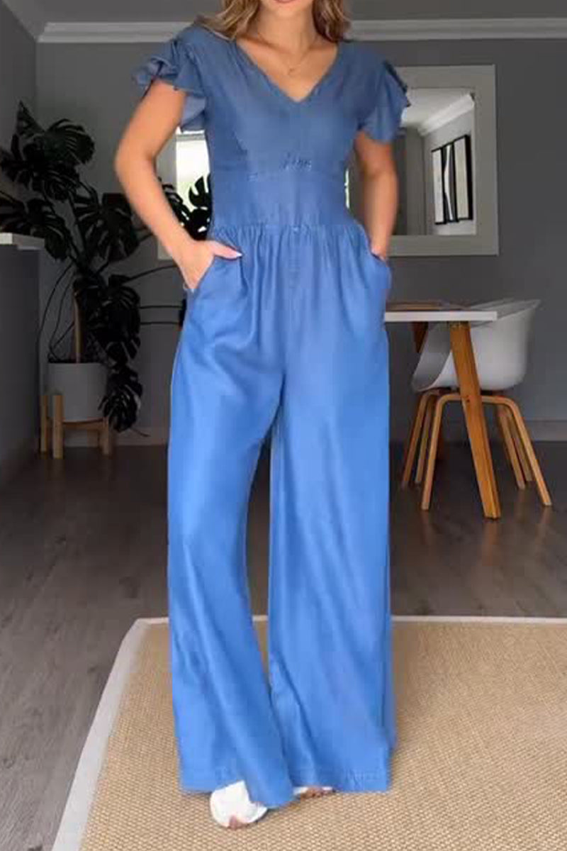 Women's Casual Chambray Jumpsuit with Ruffled Sleeves & Side Pockets
