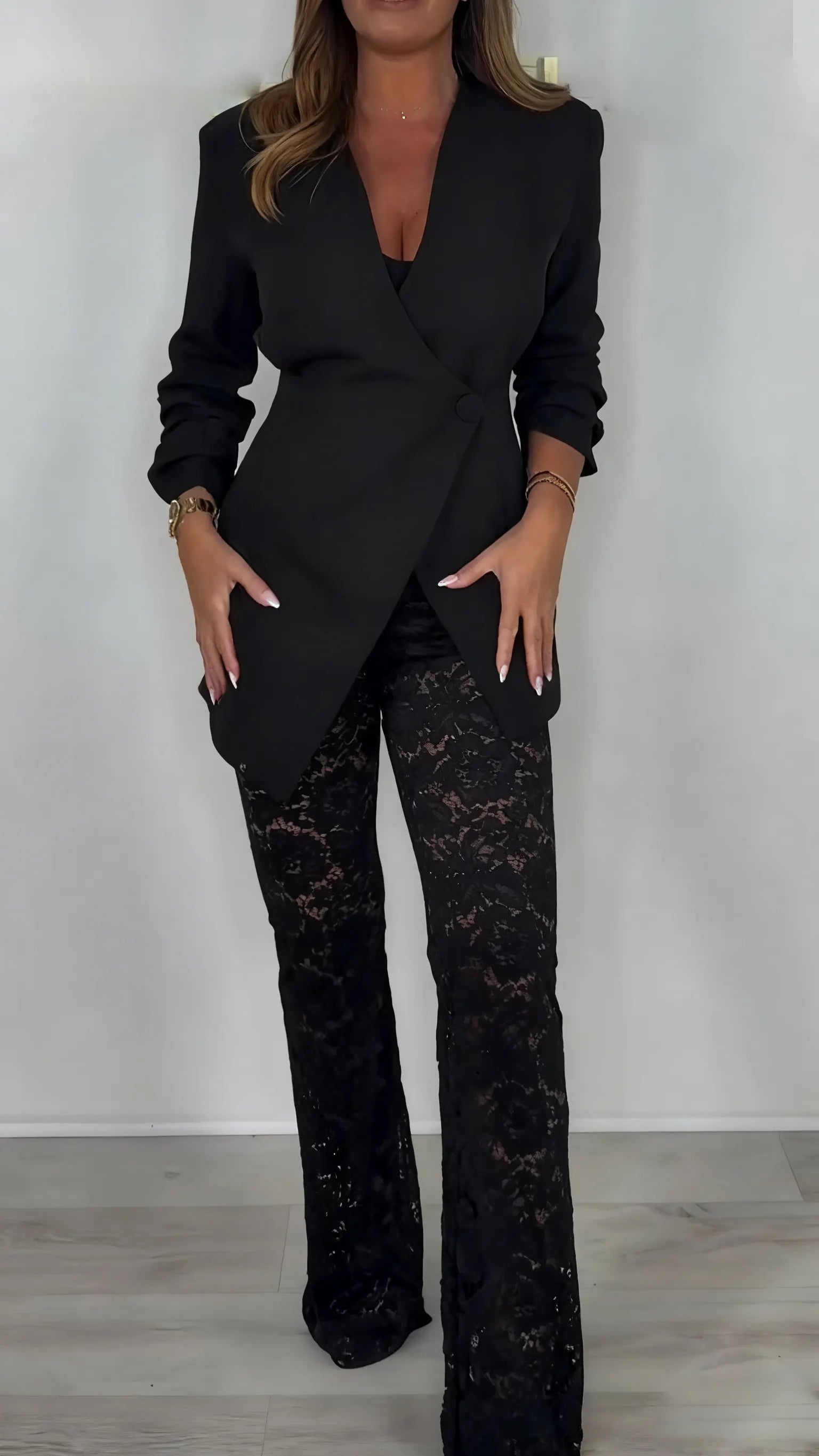Women Irregular Jacket+ Printed Hollow Lace Pants Temperament Commuting Set