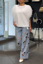 Women's Casual Round Neck Patchwork Mesh Top or Patterned Hollowed Out Jeans