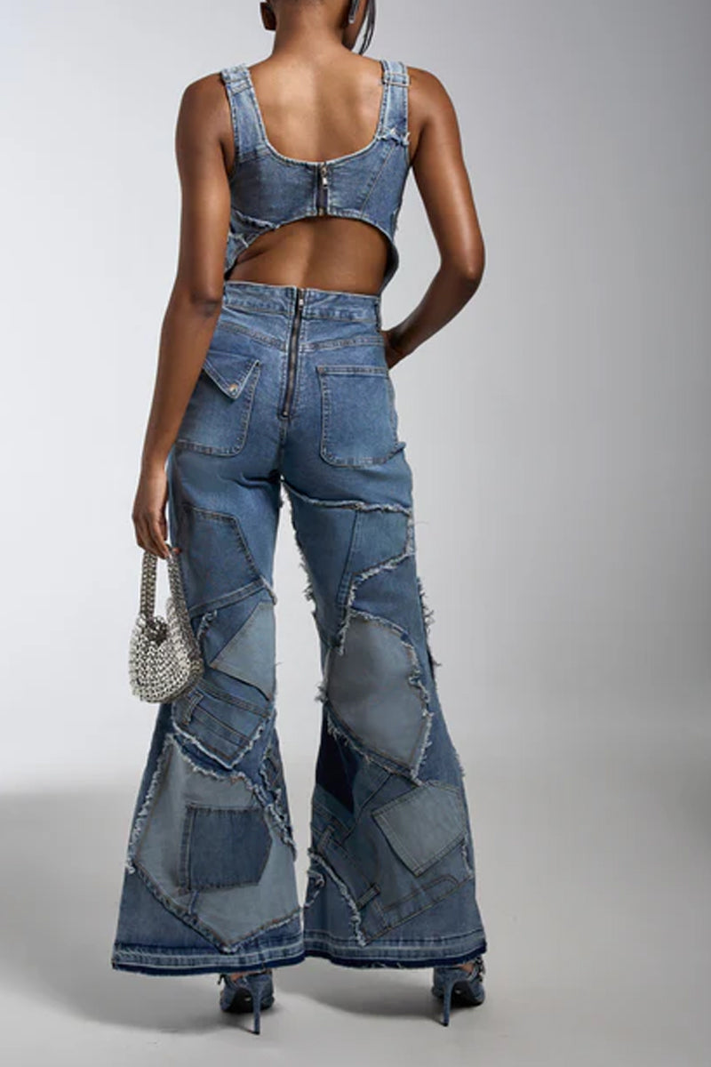 Women's Comfortable Casual Denim Patchwork Jumpsuit