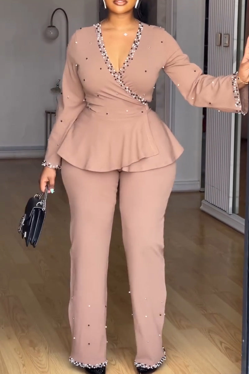 Women's Elegant V-Neck Beaded Flounce Shirts & Pants