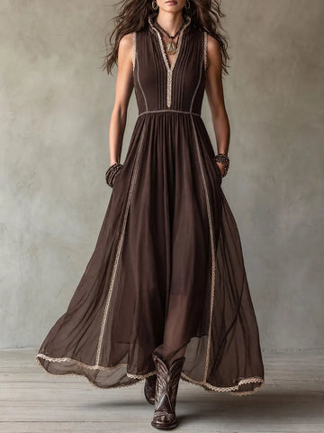 Boho Western Chocolate Brown Maxi Dress With Lace Trim