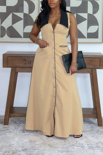 Elegant Workwear Style Contrast Trim Button Down A-Line Maxi Dress
