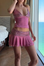 Women's Lace Up Open Back Camisole With Panel Detail Or Short Sequin Panel Party Skirt