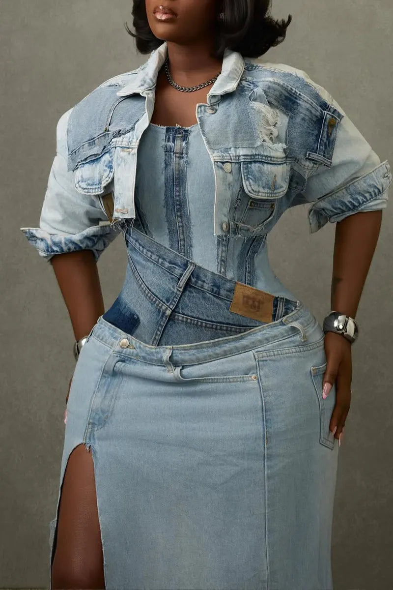 Womens Split Spliced Denim Dress + Short Jacket Casual Set