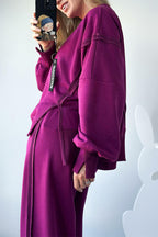 Women Round Neck Spliced Sweatshirt + Drawstring Pants Casual Set