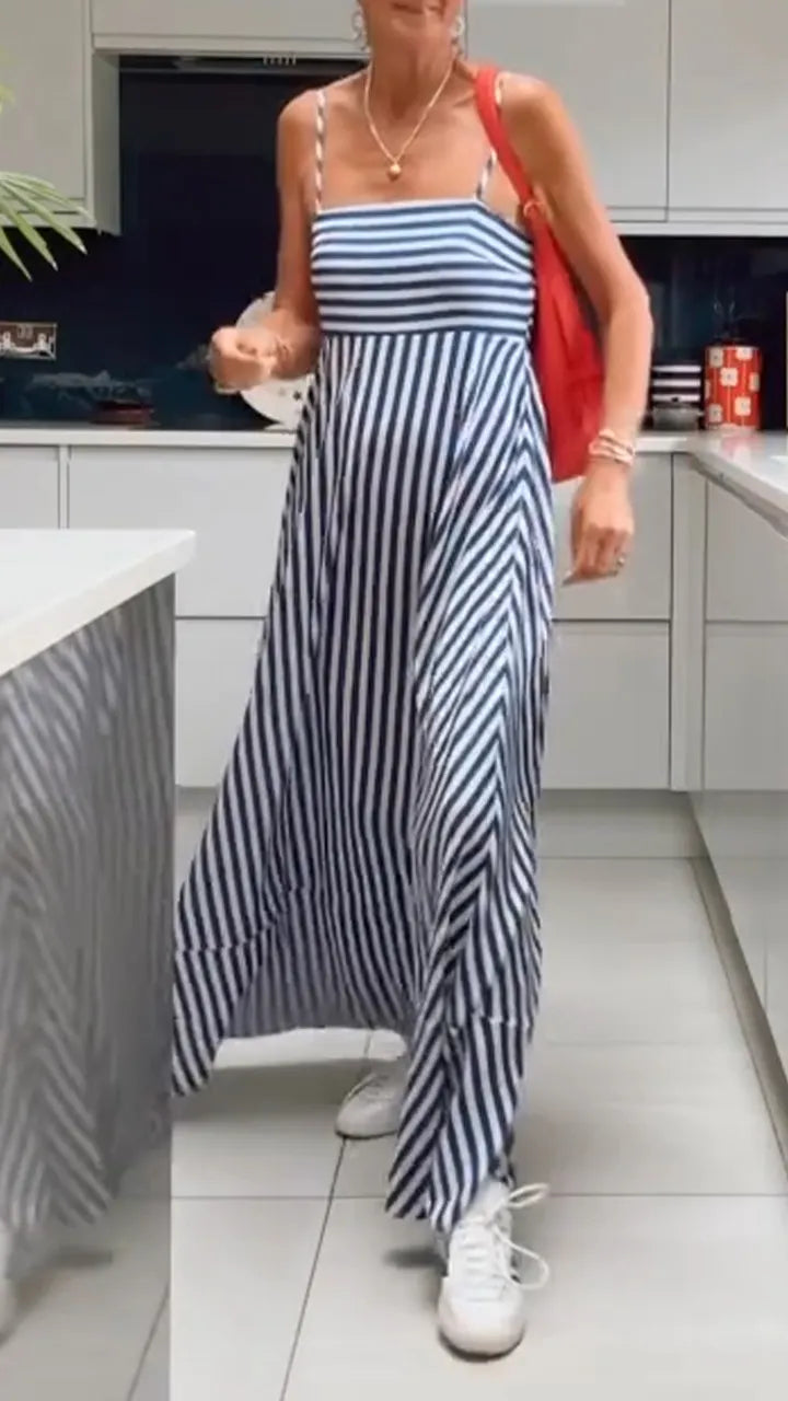 Womens Suspender Striped Loose Casual Dress