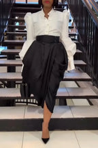 Women's Elegant Lantern Sleeve Shirts & High Waist Pleated Skirt