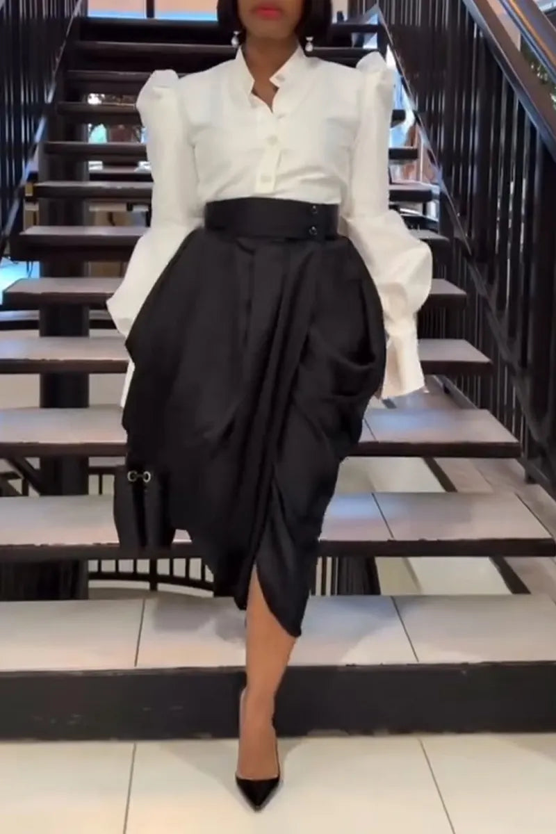 Women's Elegant Lantern Sleeve Shirts & High Waist Pleated Skirt