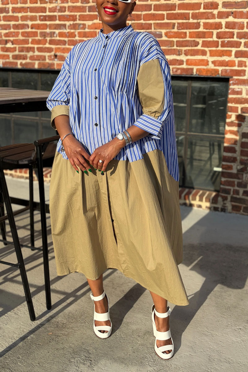 Women's Casual Color Block Striped Button Down Maxi Dress