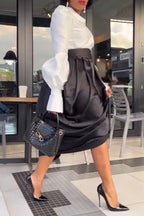 Women's Elegant Lantern Sleeve Shirts & High Waist Pleated Skirt