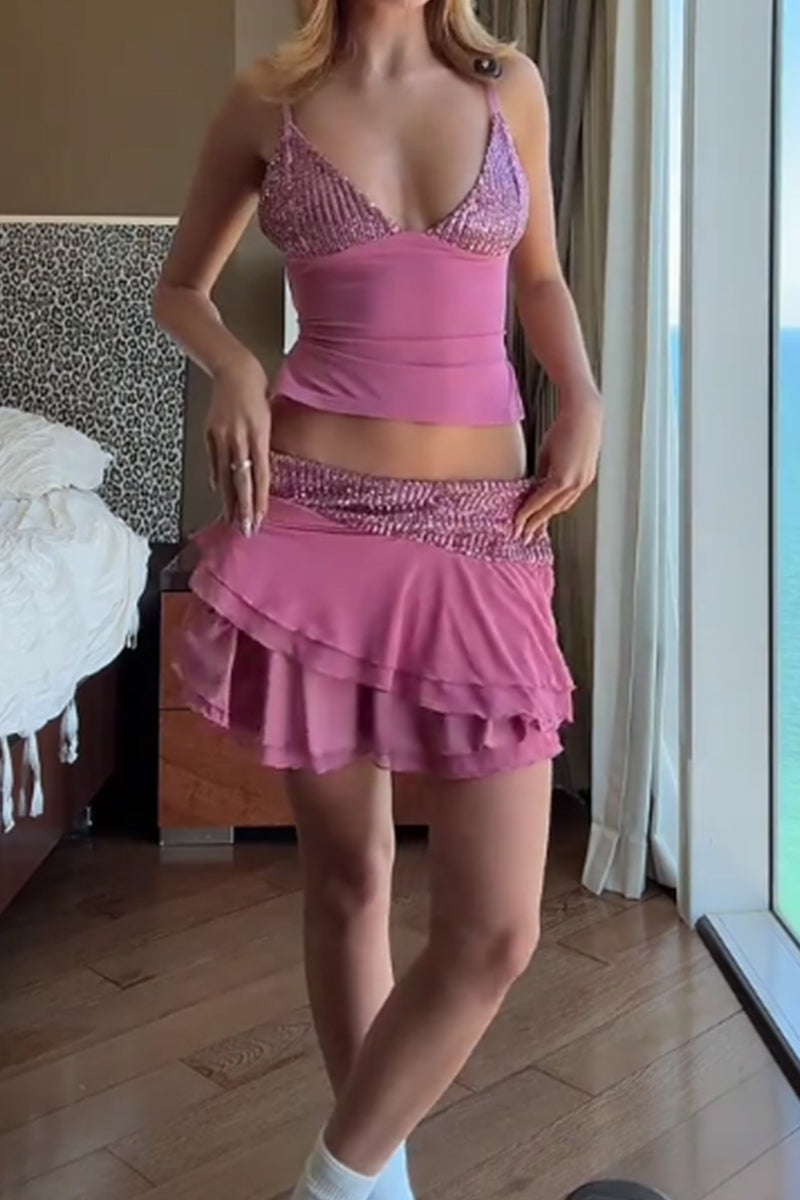 Women's Lace Up Open Back Camisole With Panel Detail Or Short Sequin Panel Party Skirt