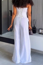 Women's Neck Hanging Patchwork Flower Irregular Top+ Wide Leg Pants Temperament Casual Suit