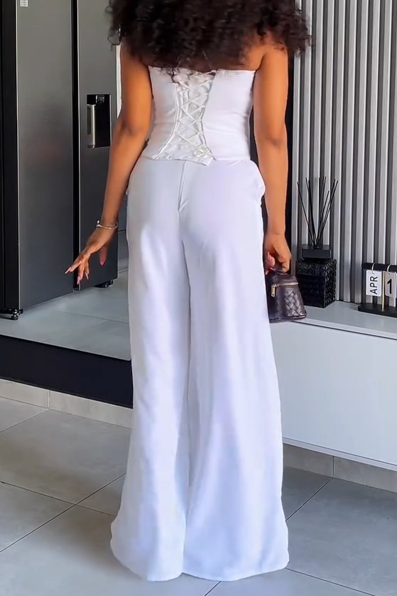 Women's Neck Hanging Patchwork Flower Irregular Top+ Wide Leg Pants Temperament Casual Suit