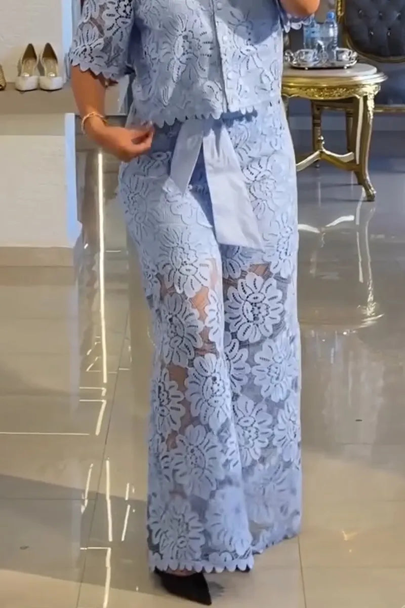 Women Collar Casual Lace Patterned Top or Wide Leg Pants