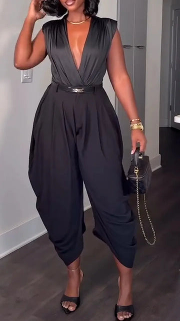 Women Deep V-neck Top + Pants Casual Outfit with Temperament